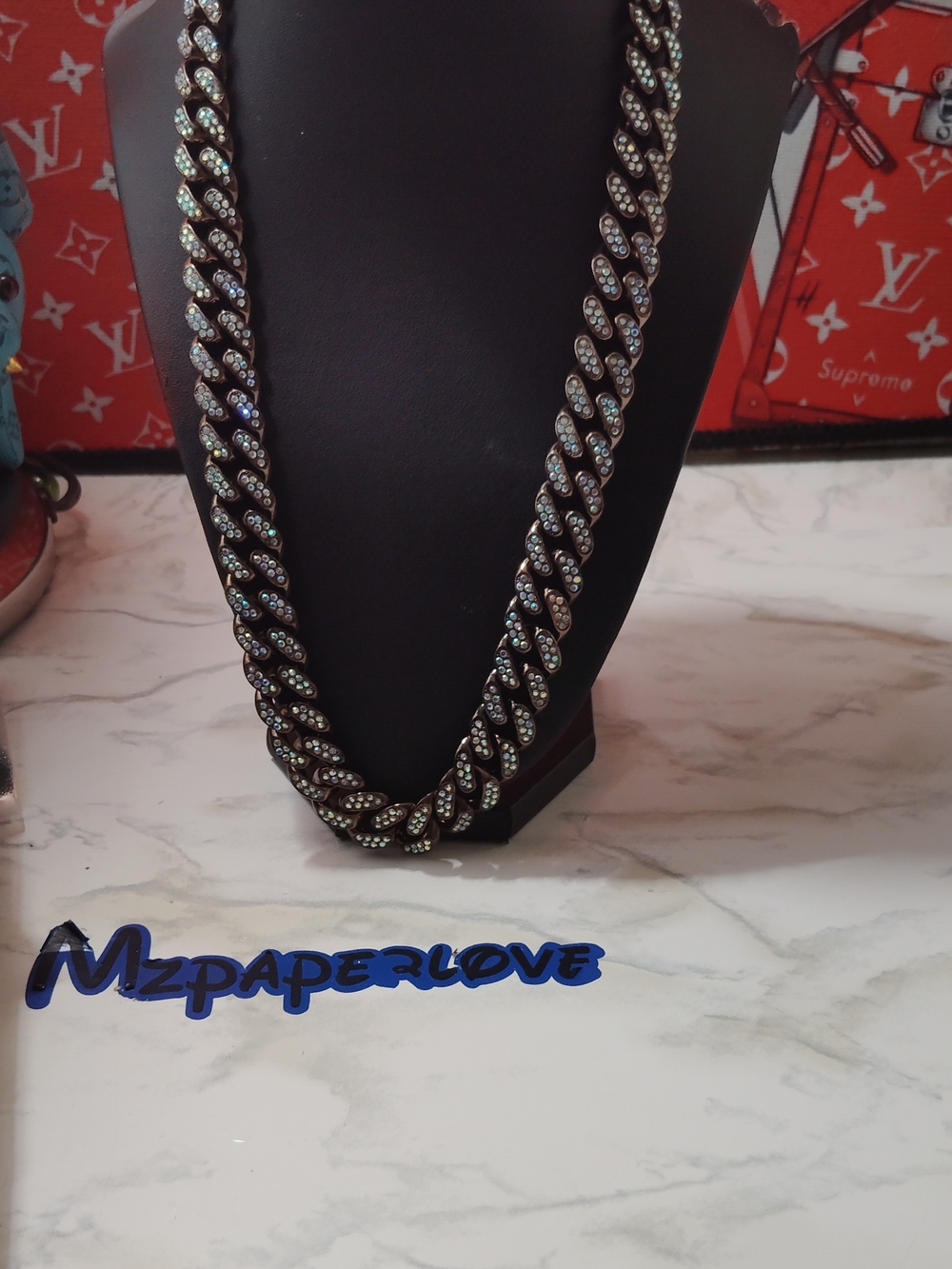 Rhinestone Cuban Link Necklace — Black Chain with Clear Crystals